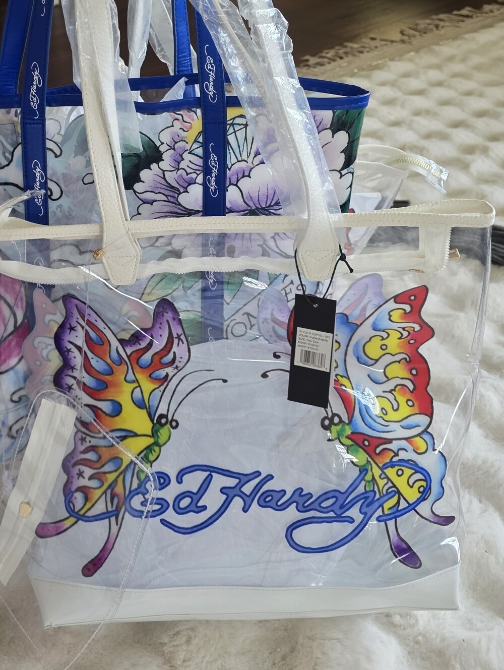 Ed Hardy Clear Tote with Multicolor Butterfly Print - Picture 2 of 3